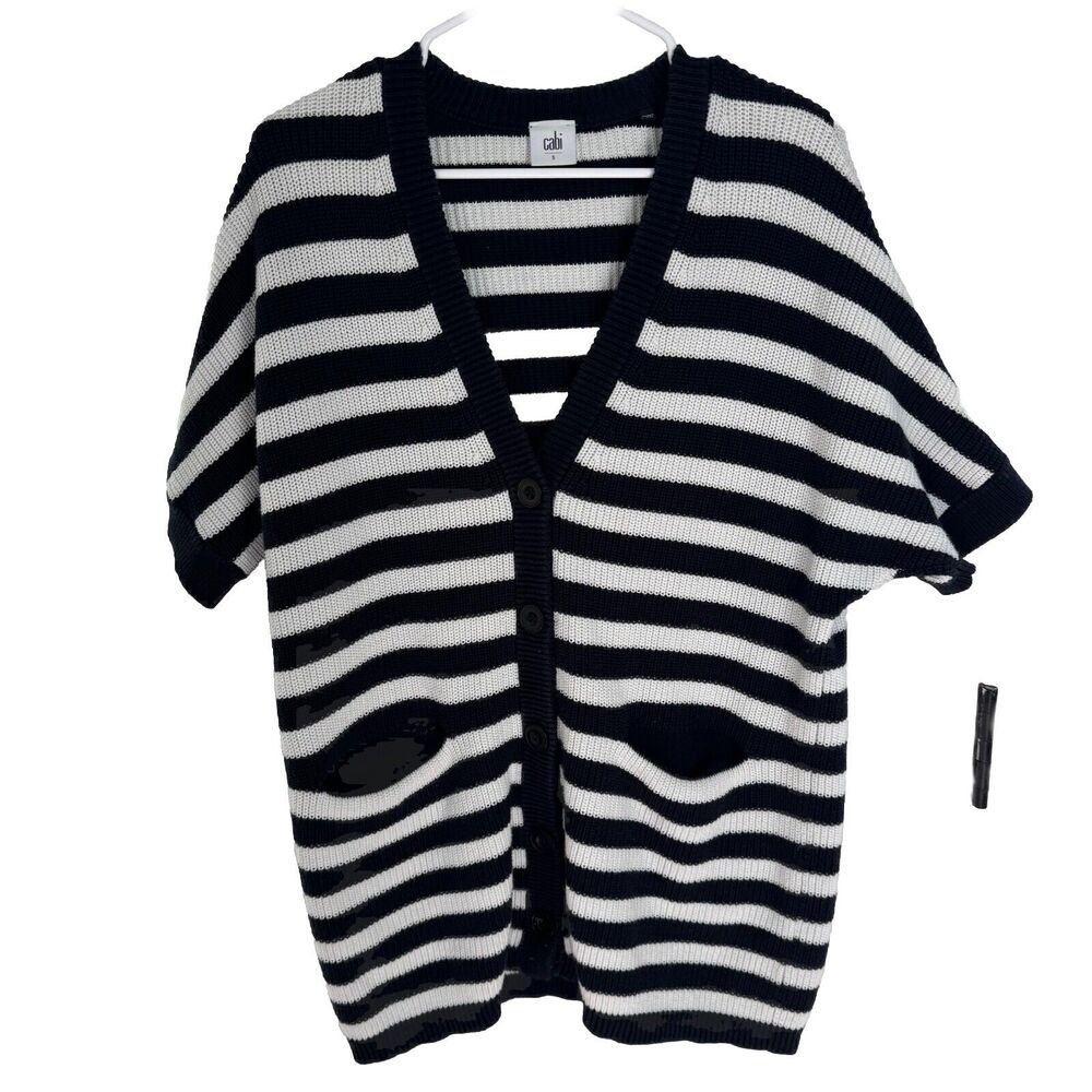 CAbi Black White Striped Sweater Whistle Cardigan Button-Up‎ #5289 - Size Small